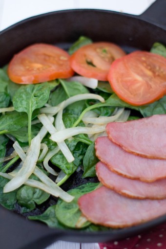 canadian bacon, spinach, tomatoes, onions